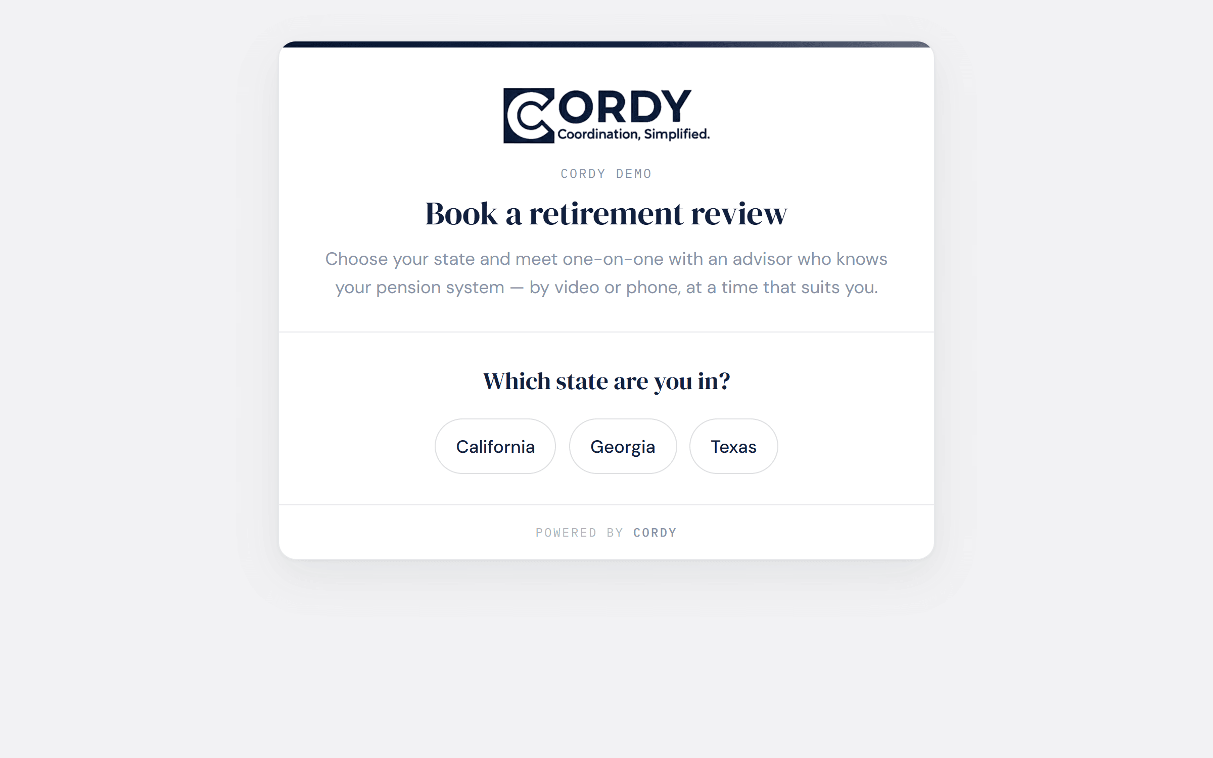 An organization booking page asking which state you are in