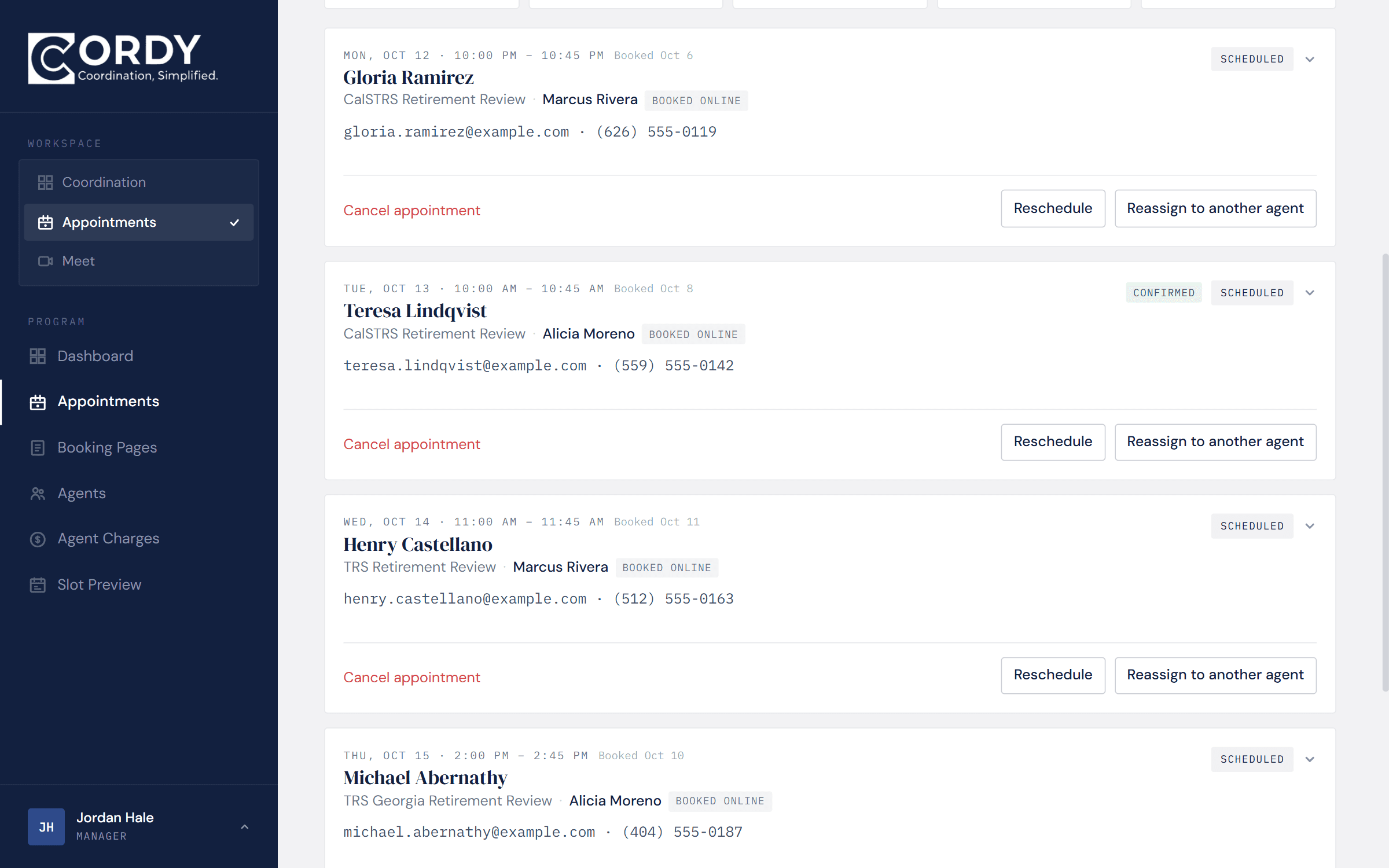 The appointments workspace with Zoom and Teams meetings and a confirmed booking