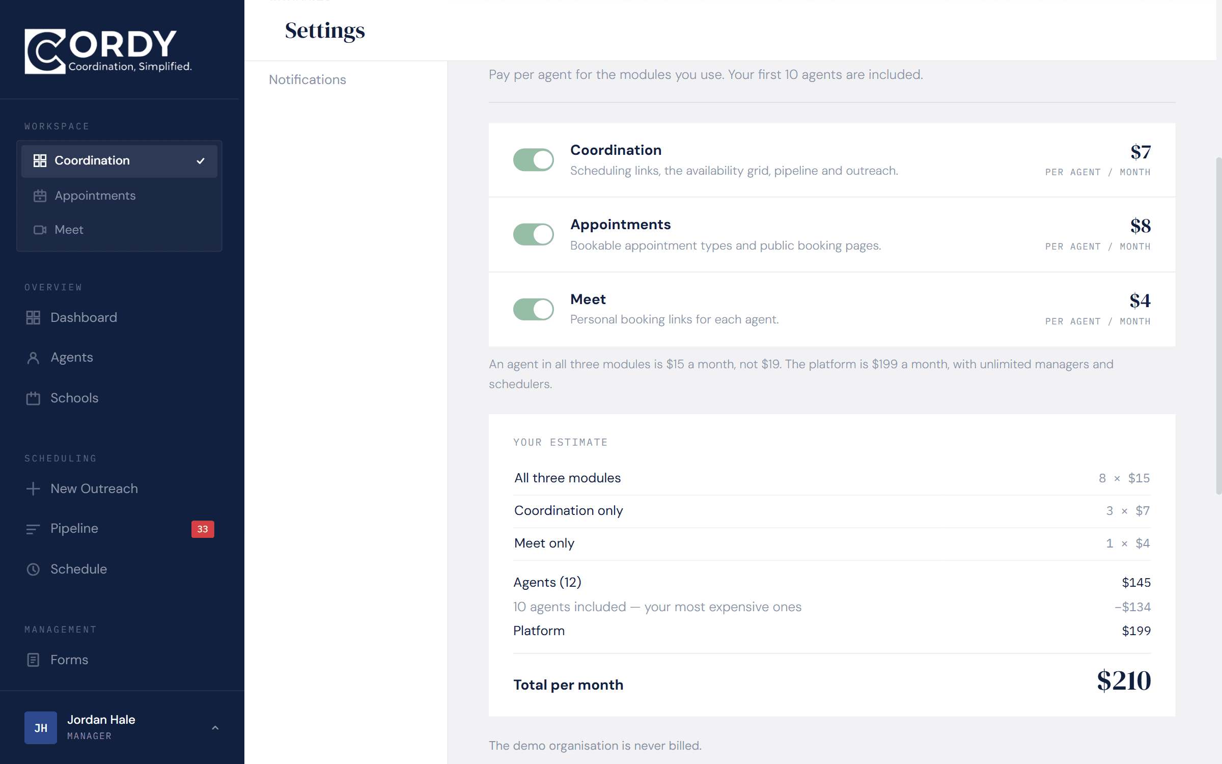 The billing estimate inside Settings